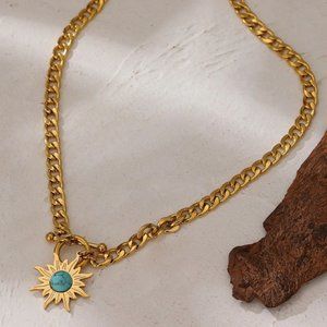 NEW 18K Gold Plated Turquoise Sun Circle Toggle Bar Link Chain Necklace